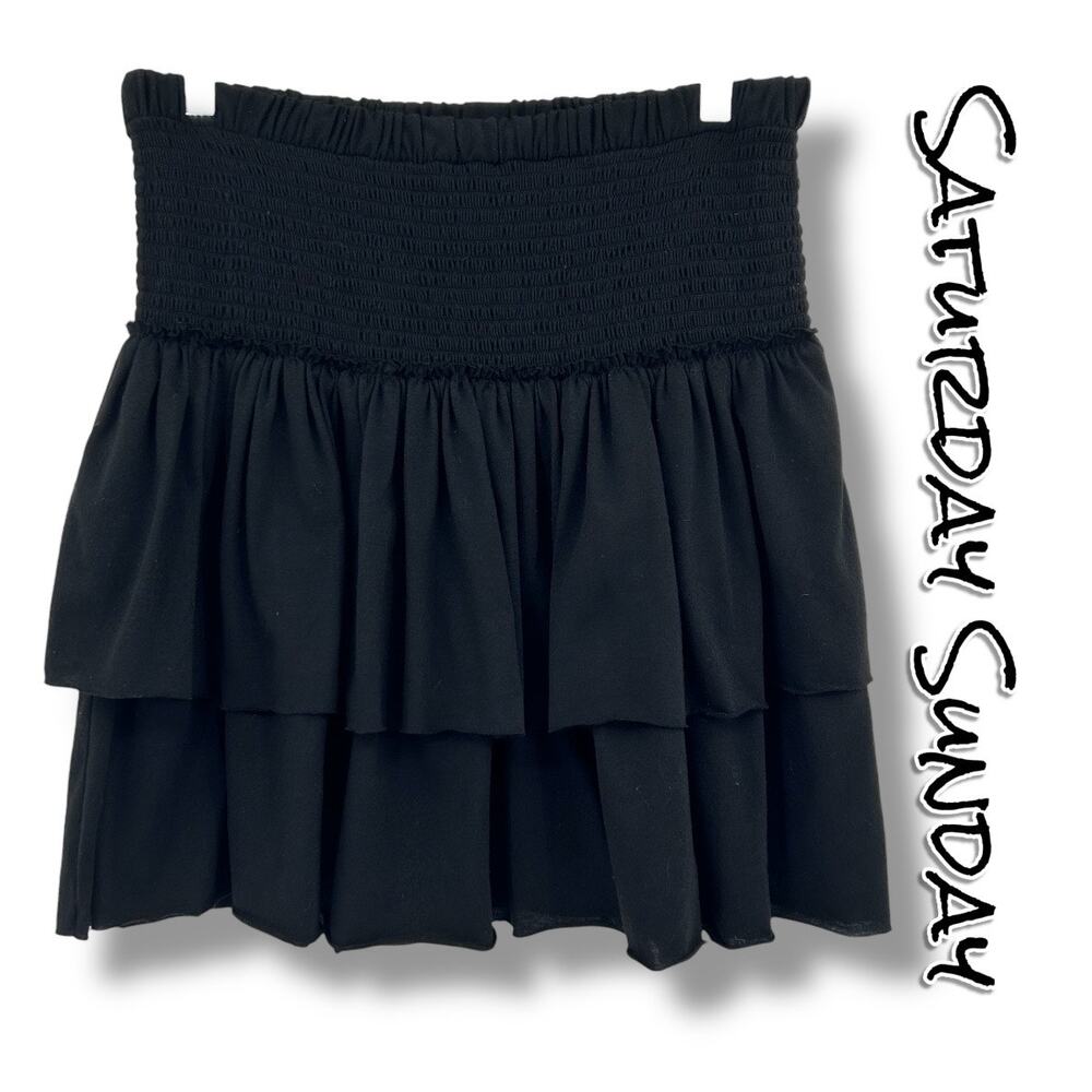 Anthro Saturday Sunday Black Smocked Tiered Mini Skirt Boho L Boho Cottage